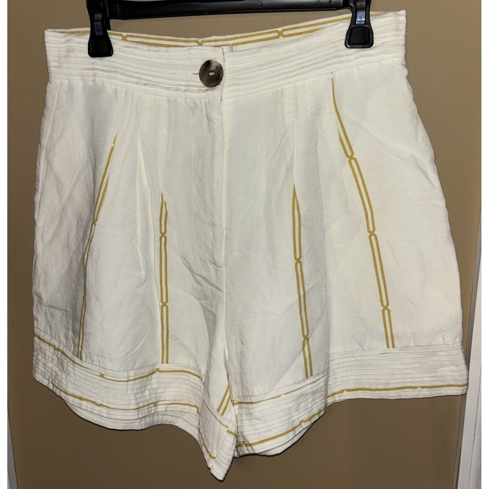 Sancia Anthropologie L Linen Tencel Dress Shorts Ivory Gold Pintucks Lined